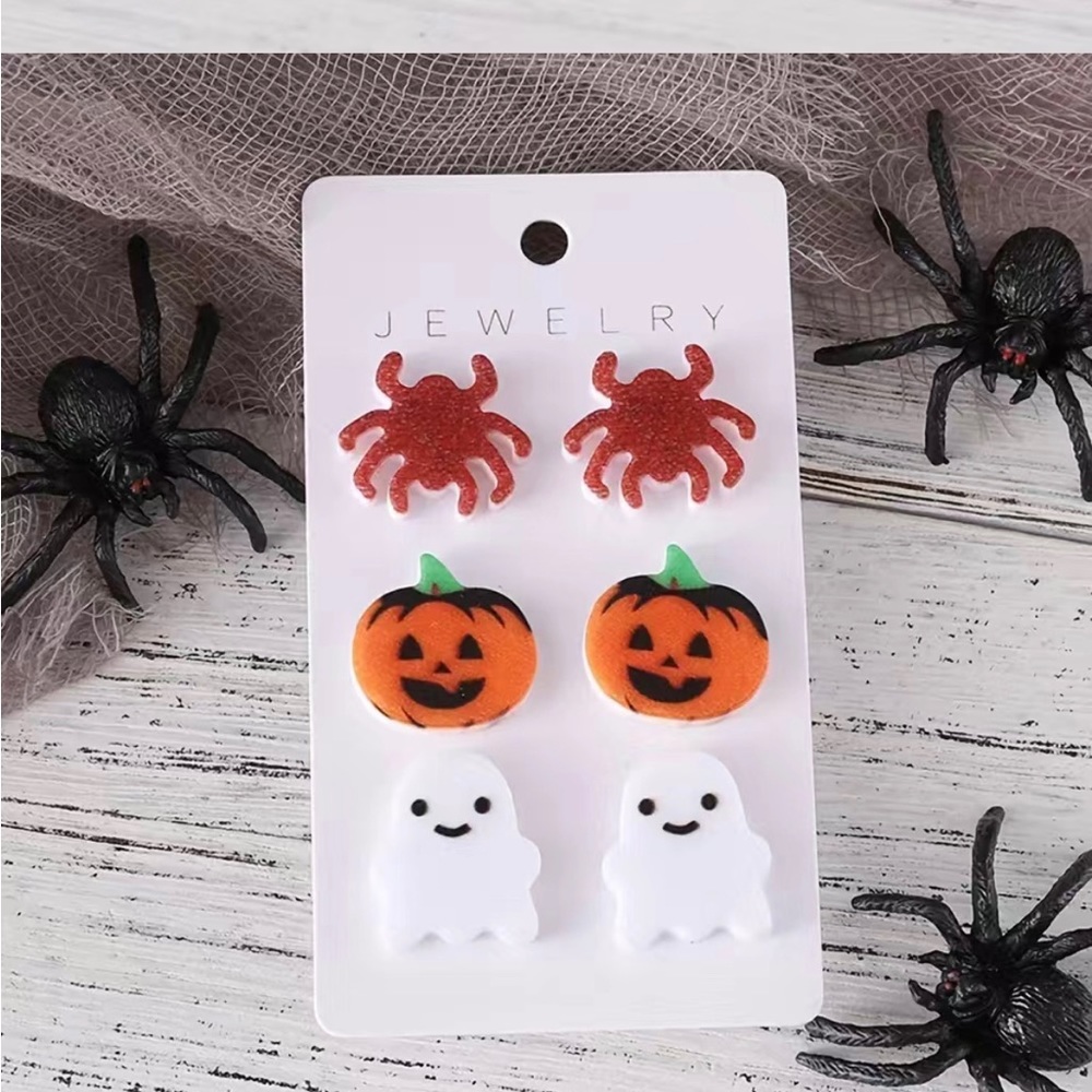 Set of 3 Halloween Earrings Spider Ghost Pumpkin Jack o Lantern - Picture 6 of 6